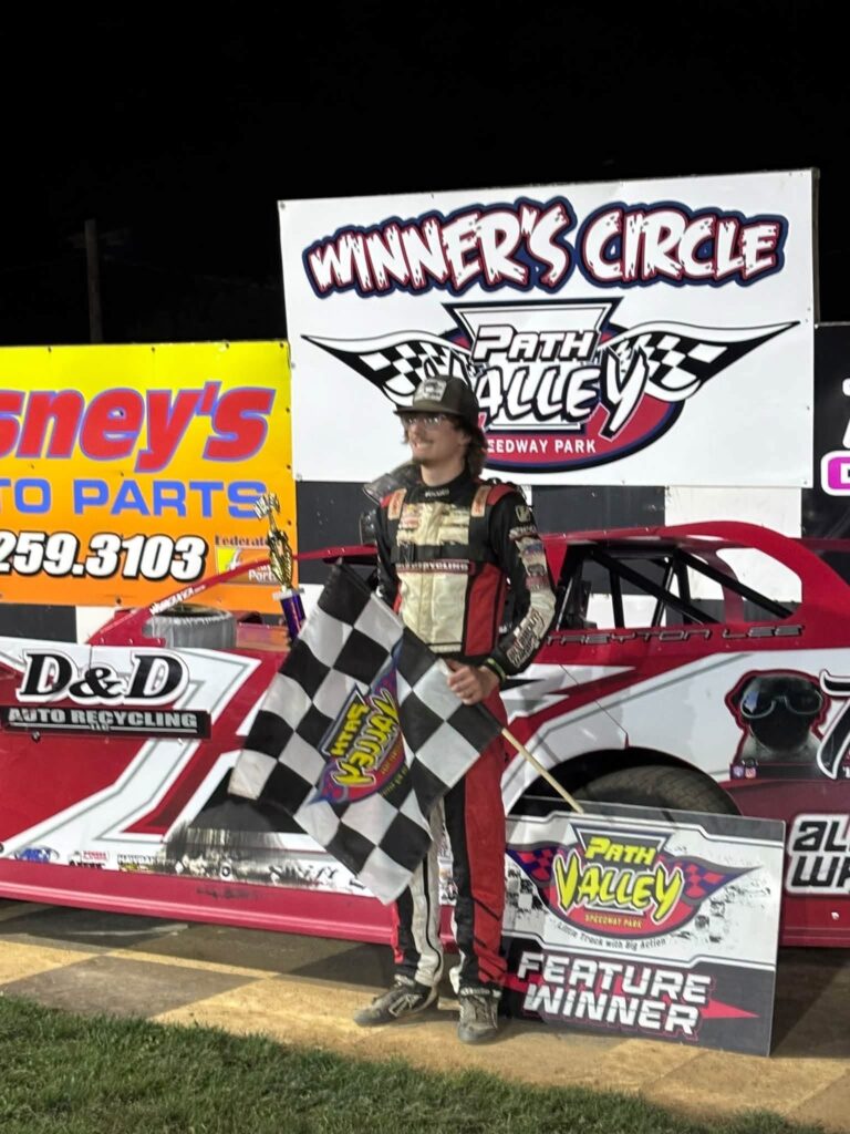 Mercersburg’s Treyton Lee celebrates from Victory Lane after winning the Limited Late Models feature at Path Valley Speedway. (Photo courtesy of Treyton Lee Racing)