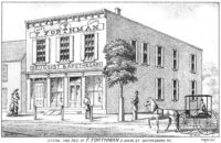 Photo depicts the F. Forthman Store and Residence, one of the more than 60 properties in Franklin County sketched by W.W. Denslow as part of the commissioned works he did in the Historical Sketch of Franklin County. It is located at the present-day Eagles Club, at 14 East Main Street in Waynesboro.