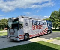 "The US Chamber of Commerce "Free Enterprise Express bus pulls into Hagerstown Community College on the first stop on a 19 state tour