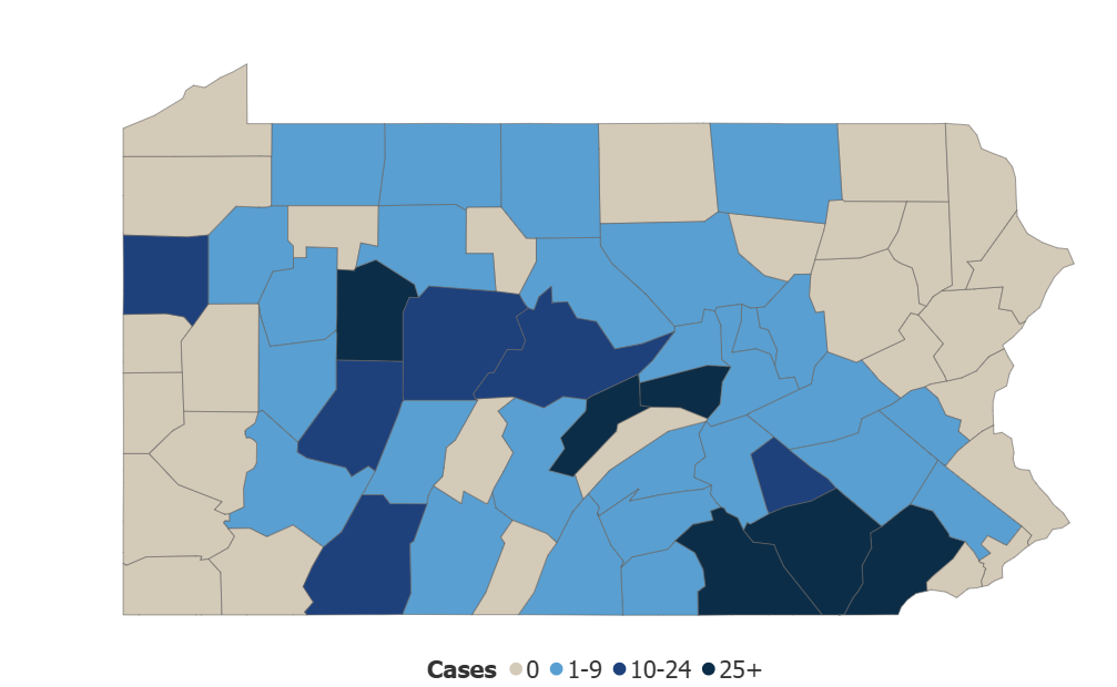 Pennsylvania health officials report nearly 800 measles cases state wide, with local infections noted in Franklin County and hospitalizations topping 150.
